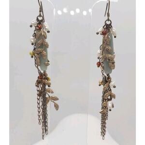 Vtg Earrings Long Dangle Freshwater Pearl 14k Gold plate Leaves Chain Cluster